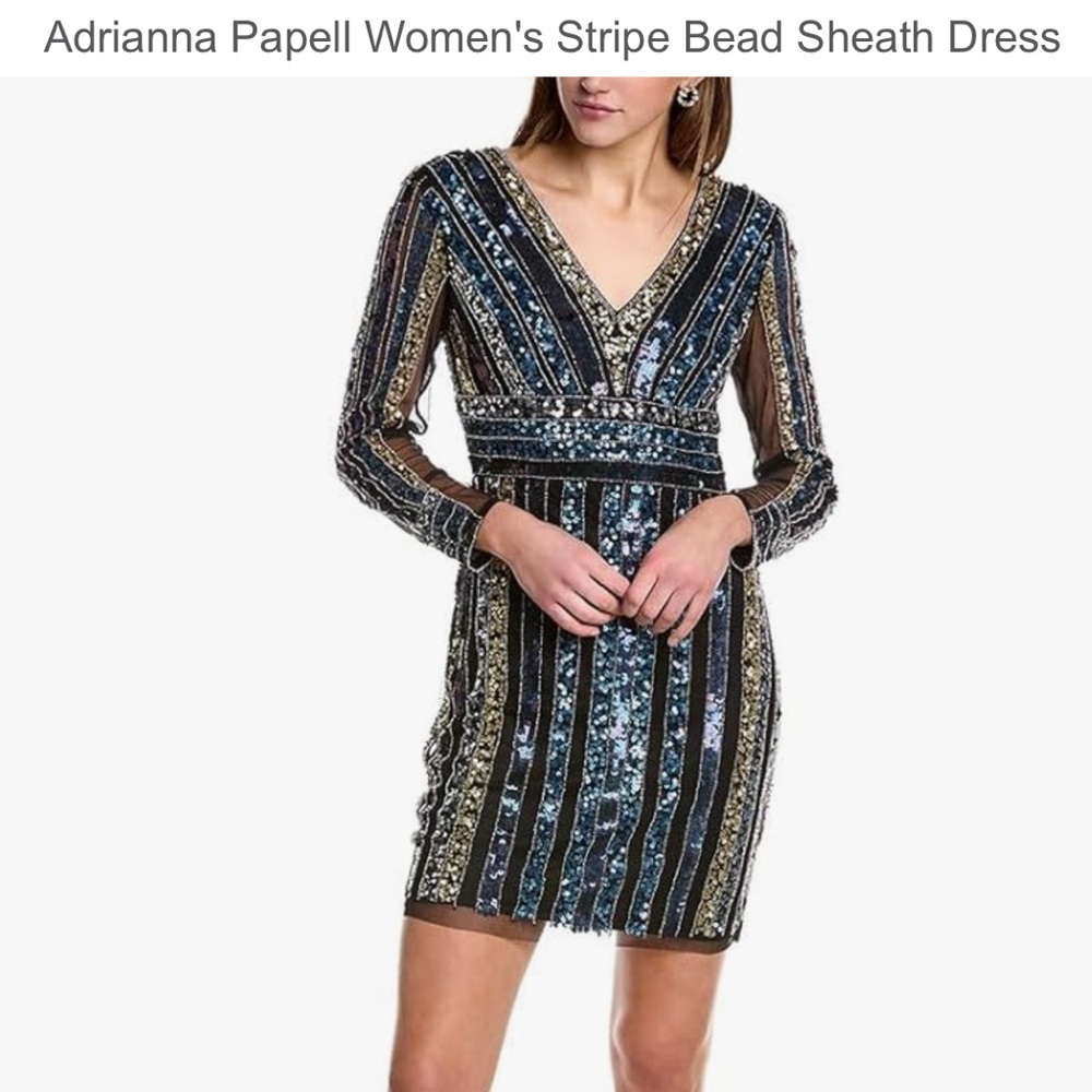 Stunning Fancy  Luxury Old Money Luxe Adrianna Papell Striped Sequin Dress 0